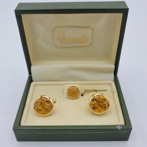Harrods Celtic Knot Cufflinks Tie Tack Set Gold Amber Lucite Box London Vintage